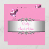 Sweet sixteenピンクバルーンシルバーバースデーパーティー 招待状 (正面/裏面)