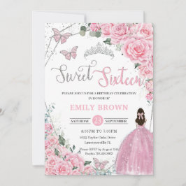 Sweet sixteenピンクフローラプリンセスシルバー誕生日 招待状
