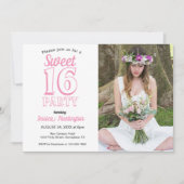 Sweet sixteenピンクフローラ16誕生日写真 招待状 (正面)