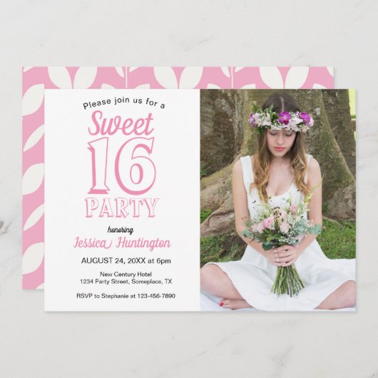 Sweet sixteenピンクフローラ16誕生日写真 招待状 (正面/裏面)