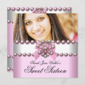 Sweet sixteenピンクホワイトピンクパールボウ写真 招待状 (正面/裏面)