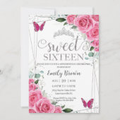 Sweet sixteenピンク明るい赤紫色フローラシルバーバタフライ 招待状 (正面)