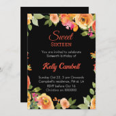 Sweet sixteenピンク/ブラックフローラ招待状 招待状 (正面/裏面)