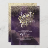 Sweet sixteenフェイクグリッターパープル金ゴールドバラ 招待状 (正面/裏面)