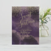 Sweet sixteenフェイクグリッターパープル金ゴールド誕生日 招待状 (スタンド正面)