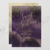 Sweet sixteenフェイクグリッターパープル金ゴールド誕生日 招待状 (正面/裏面)