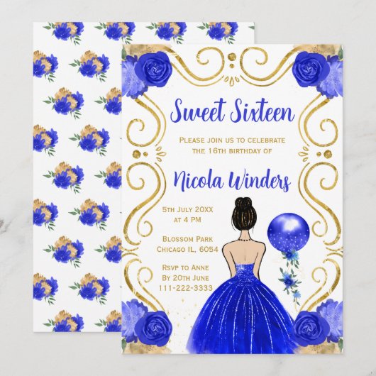 Sweet sixteenブラウンヘアプリンセスイン王室のブルー 招待状 (正面/裏面)