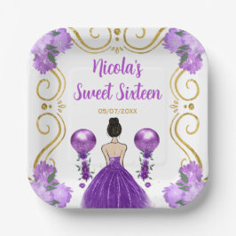 Sweet sixteenブラウンヘアプリンセスイン紫 ペーパープレート