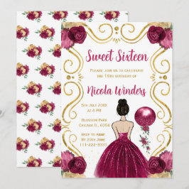 Sweet sixteenブラウンヘアプリンセスインBurgundy 招待状