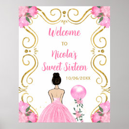 Sweet sixteenブラウンヘアプリンセスピンクウェルカム ポスター