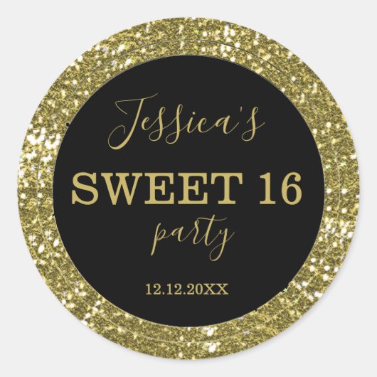 Sweet sixteenブラックアンド金ゴールドグリッター ラウンドシール (正面)
