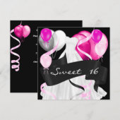 Sweet sixteenブラックピンクホワイトドレスバルーン 招待状 (正面/裏面)