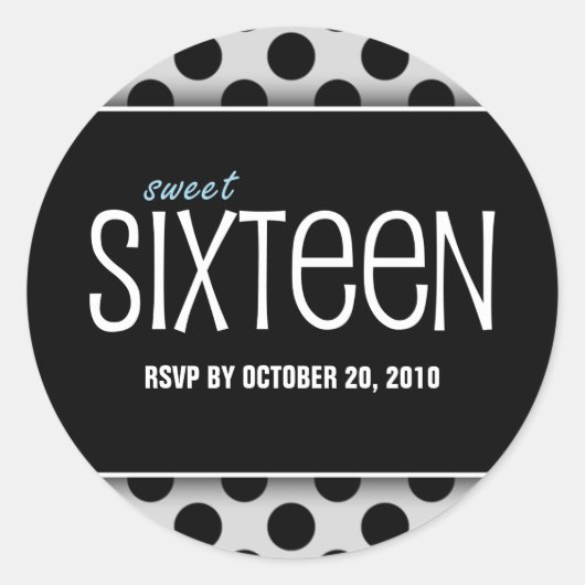 Sweet sixteenブラック&シルバーRSVP封筒用シール ラウンドシール (正面)