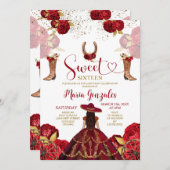 Sweet sixteenブルゴーニュ&レッドフローラ誕生日パーティー 招待状 (正面/裏面)