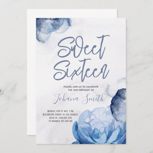 Sweet sixteenブルーウォーターカラー16誕生日 招待状 (正面/裏面)