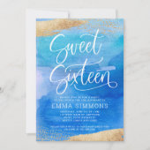 Sweet sixteenブルーウォーター色金ゴールド誕生日 招待状 (正面)