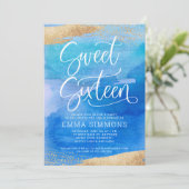 Sweet sixteenブルーウォーター色金ゴールド誕生日 招待状 (スタンド正面)