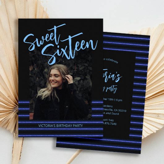 Sweet sixteenブルーネオングリッターバースデーパーティー 招待状