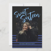 Sweet sixteenブルーネオングリッターバースデーパーティー 招待状 (正面)
