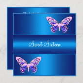 Sweet sixteenブルーパープルピンクバタフライパーティー 招待状 (正面/裏面)