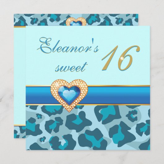 Sweet sixteenブルーヒョウ玉ハート誕生日 招待状 (正面/裏面)