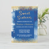 Sweet sixteenブルー金ゴールドグリッター水彩 招待状 (スタンド正面)