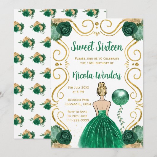 Sweet sixteenブロンドプリンセスイングリーン 招待状 (正面/裏面)