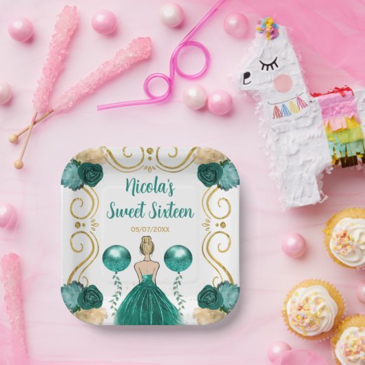 Sweet sixteenブロンドプリンセスインティール(緑がかった色) ペーパープレート (パーティー)