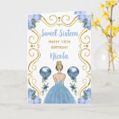 Sweet sixteenブロンドプリンセスブルーハッピーバースデー カード (黄色い花)