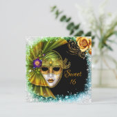 Sweet sixteenマスカレードマルディグラス金ゴールドグリーン 招待状 (スタンド正面)