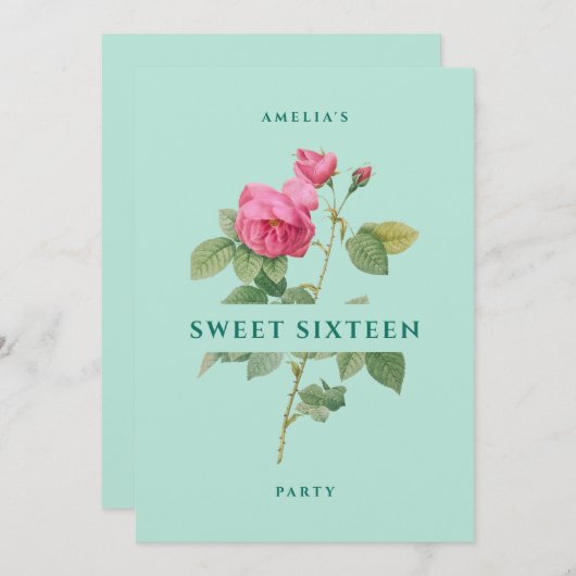 Sweet sixteenミントグリーンフローラ誕生日パーティー 招待状 (正面/裏面)