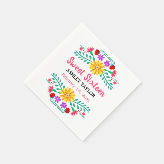Sweet sixteenメキシカンフィエスタホワイト&ピンクフローラ スタンダードカクテルナプキン (角)