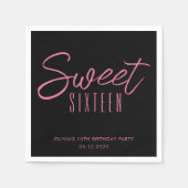 sweet sixteenモダンピンクブラックガールズ16位パーティー スタンダードカクテルナプキン (正面)