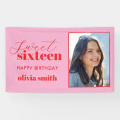 Sweet sixteenモダンピンクレッド16誕生日写真 横断幕 (横)