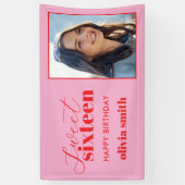 Sweet sixteenモダンピンクレッド16誕生日写真 横断幕 (縦)