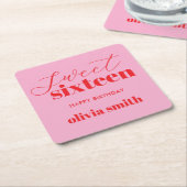 Sweet sixteenモダンピンクレッド16誕生日 スクエアペーパーコースター (アングル)