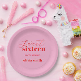 Sweet sixteenモダンピンクレッド16誕生日 ペーパープレート