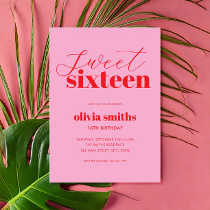 Sweet sixteenモダンピンクレッド16誕生日 招待状