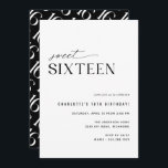 Sweet sixteenモダン白黒16誕生日 招待状<br><div class="desc">モダン-ミニマルスタイル16歳の誕生日招待状とオフセンターデザイン。黒お洒落色と白の配色で、背面におもしろいパターンを付ける。(裏面パターンはデザインツールを使もし用して必要に応じて除去できる)。</div>