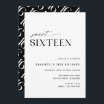 Sweet sixteenモダン白黒16誕生日 招待状<br><div class="desc">モダン-ミニマルスタイル16歳の誕生日招待状とオフセンターデザイン。黒お洒落色と白の配色で、背面におもしろいパターンを付ける。(裏面パターンはデザインツールを使もし用して必要に応じて除去できる)。</div>