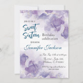 Sweet sixteenラベンダーブルーパープルフローラ誕生日 招待状 (正面)