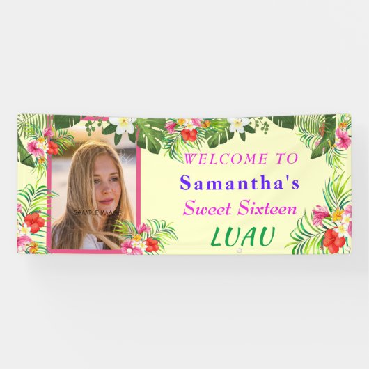 Sweet sixteenルアウ(ハワイ式宴会)、レッドピンクハイビスカストロピカルバン 横断幕 (横)
