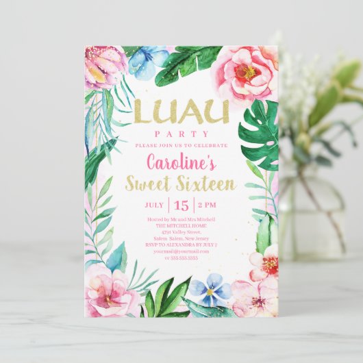 Sweet sixteenルアウ（ハワイ式宴会）熱帯フローラピンクハワイアン 招待状 (スタンド正面)