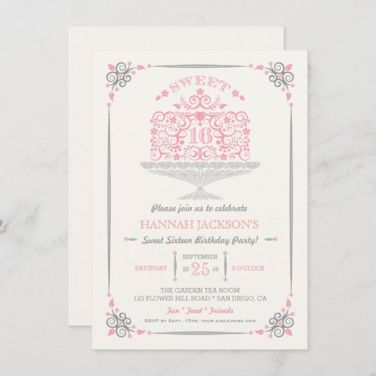 Sweet sixteenレースのようお誕生日ケーキ招待状 招待状 (正面/裏面)