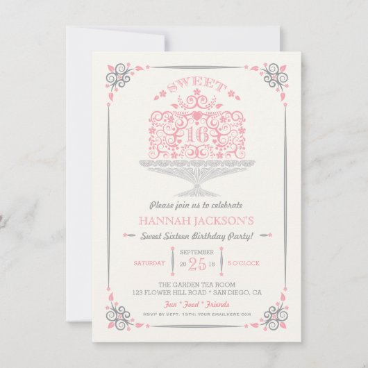 Sweet sixteenレースのようお誕生日ケーキ招待状 招待状 (正面)