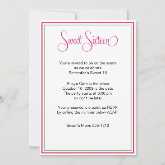Sweet sixteen名門私立校風の誕生会 招待状 (正面)