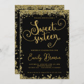 Sweet sixteen招待状ブラックおよびフェイク金ゴールドグリッター 招待状 (正面/裏面)