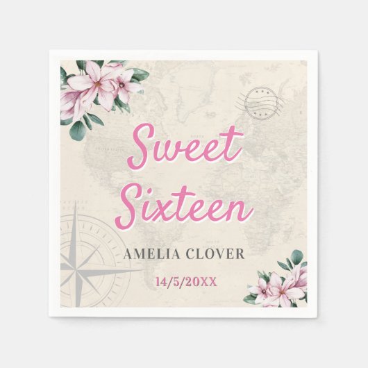 Sweet sixteen旅行ピンクガール16th誕生日パーティー スタンダードカクテルナプキン (正面)