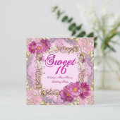 Sweet sixteen甘い16ピンクダマスク金ゴールド花 招待状 (スタンド正面)