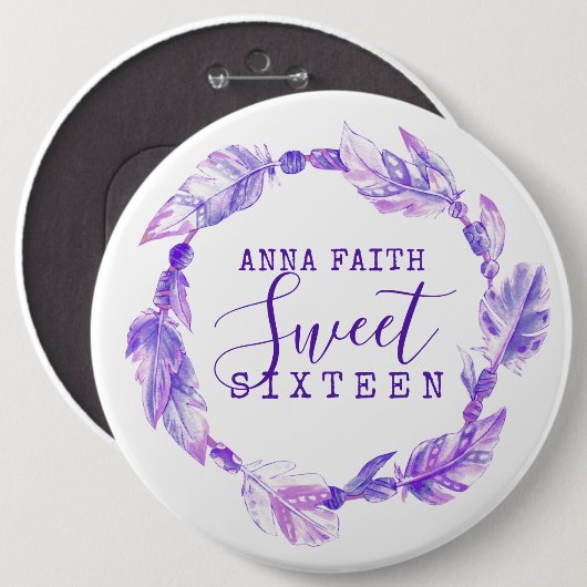 Sweet sixteen紫色の羽毛ビーズの水色 缶バッジ (正面&裏面)